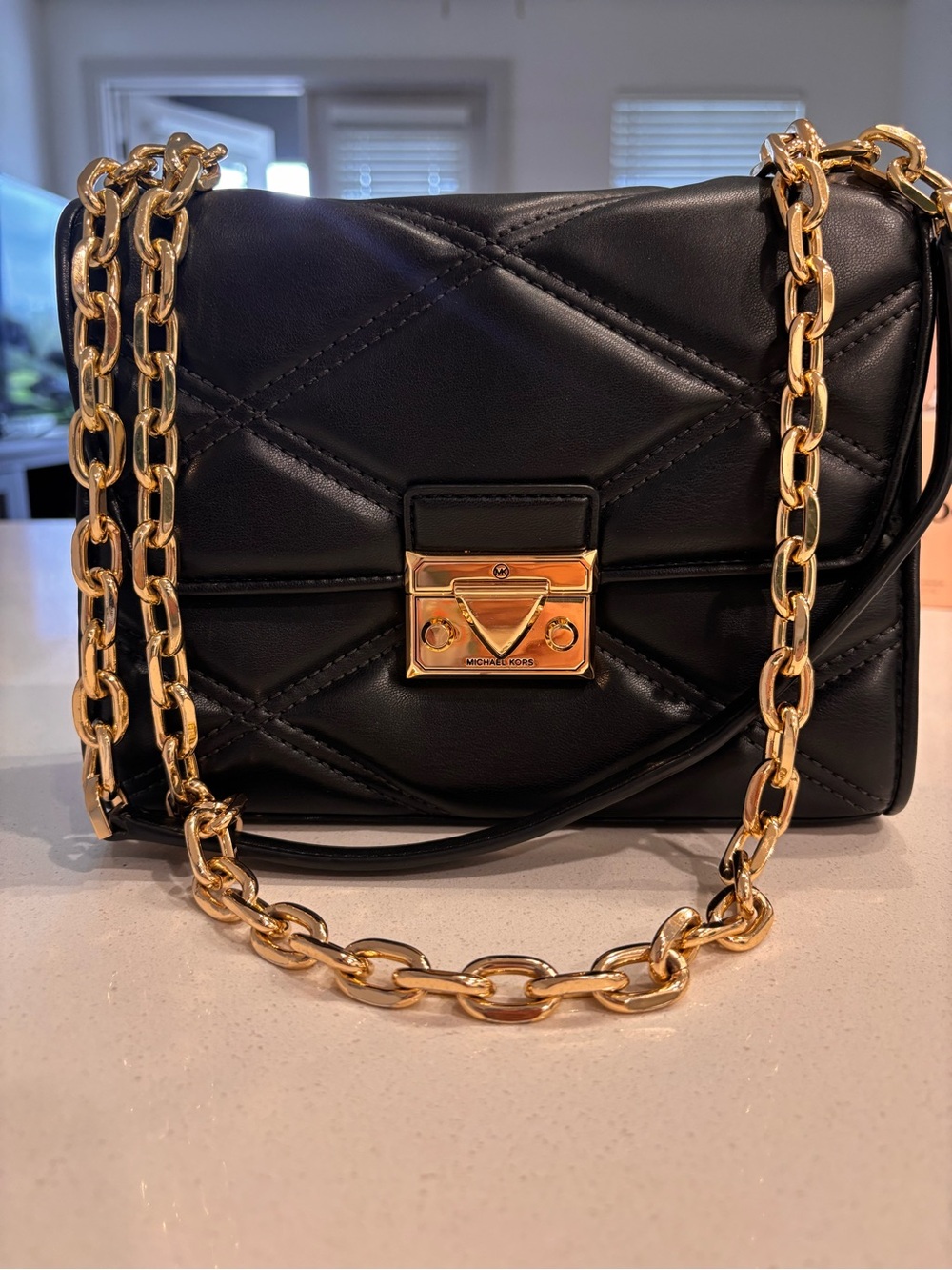 Michael Kors Black Serena Quilted Leather Crossbody with Gold Chain